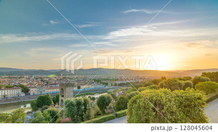 Sunrise top view of Florence city timelapse with arno river bridges and historical buildings Sunrise top view of Florence city timelapse with arno river bridges and historical buildings 128045604