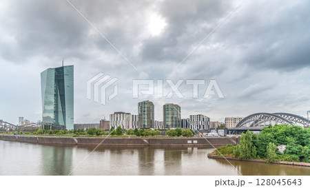 Frankfurt skyline featuring the modern ECB headquarters skyscraper timelapse. Frankfurt am Main, Germany 128045643