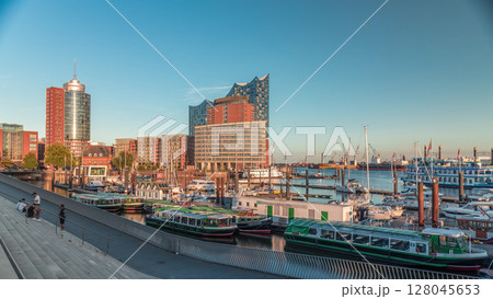 Jan Fedder Promenade timelapse hyperlapse in Hamburg, Germany, a vibrant waterfront area. 128045653