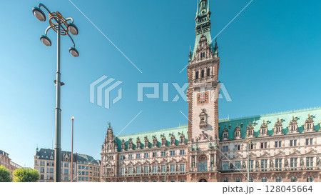 Panorama showing a building of the Hamburg City Hall timelapse, the seat of the government of Hamburg, Germany 128045664