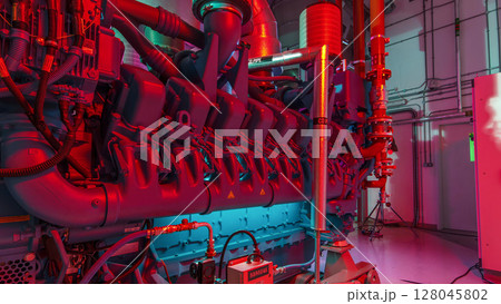 Diesel electric generator in power supply room of data center timelapse hyperlapse Diesel electric generator in power supply room of data center timelapse hyperlapse 128045802