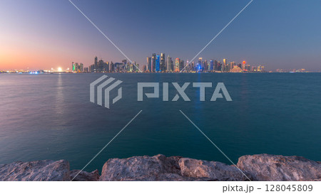 Doha downtown skyline day to night timelapse, Qatar, Middle East 128045809