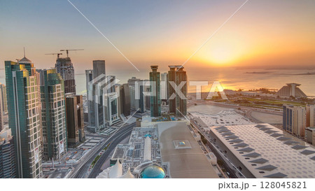 The skyline of West Bay and Doha City Center during sunrise timelapse, Qatar 128045821
