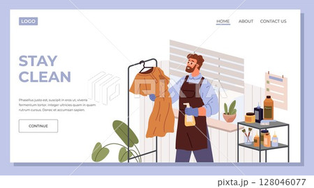 Stay clean landing page template. Dry cleaning service concept. Young man cleaner laundry worker stands near reception counter and cleans dress hanging on hanger. Clothing industry and garment care Stay clean landing page template. Dry cleaning service concept. Young man cleaner laundry worker stands near reception counter and cleans dress hanging on hanger. Clothing industry and garment care 128046077