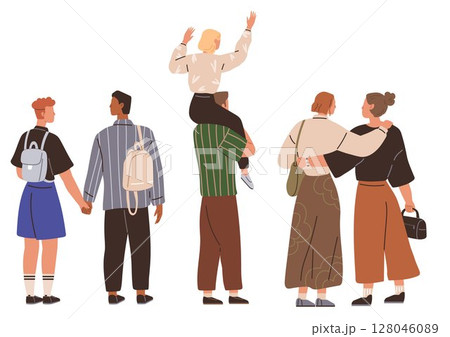 A group of diverse individuals stands together in a relaxed manner, engaging in friendly interactions. Ideal for social connections, diversity, friendship, community, and casual gatherings. Flat 128046089