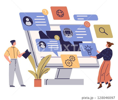 Two people interact with a large computer screen displaying various digital icons such as messages, globe, robot, magnifying glass, and settings. Ideal for teamwork, digital communication Two people interact with a large computer screen displaying various digital icons such as messages, globe, robot, magnifying glass, and settings. Ideal for teamwork, digital communication 128046097