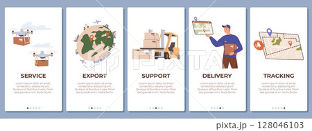 Detailed logistics process from drone service to global export, warehouse support, delivery, and tracking on maps. Graphic panels use simple icons and characters to visualize each step 128046103