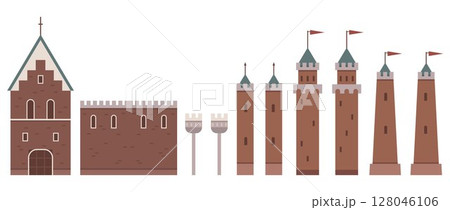A simplistic depiction of a medieval European castle featuring various towers with colorful flags on the turrets. Ideal for historical, architectural, educational, fantasy, tourism themes. Calming 128046106