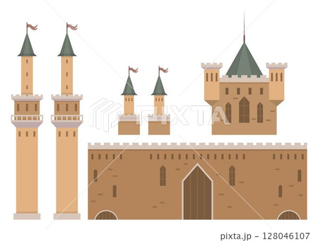 Brown medieval castle with towers, walls, and flags on turrets. Includes multiple tall towers with red flags and a central fortified structure. Ideal for historical themes fantasy themes educational 128046107