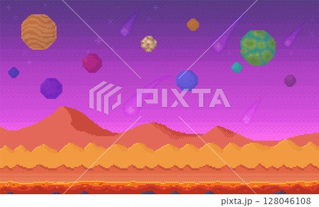 A vibrant retro pixel art scene features a cosmic landscape with colorful planets, meteors, and red mountains. Ideal for sci-fi themes, video game backgrounds, retro aesthetics, space exploration 128046108