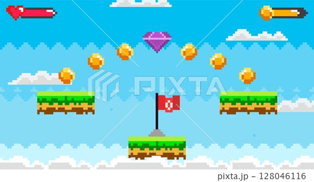 Floating grass platforms in a pixelated sky setting. Gold coins and a purple diamond are spread out above a red flag. Ideal for retro gaming themes game design 8-bit artwork platform games and casual 128046116