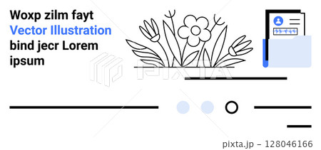 Black and white floral elements with blue accents, profile card, light typography on a clean layout. Ideal for digital portfolios, personal websites, professional profiles, creative projects 128046166