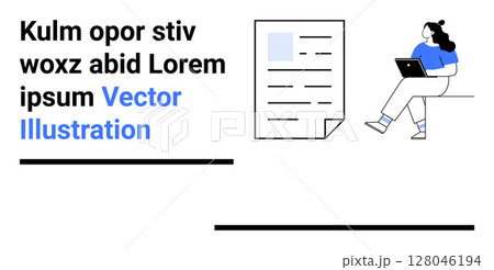 Person seated reading document on laptop. Placeholder text on digital paper. Clean style, blue accents. Ideal for remote work, tech, content creation, education, productivity, digital media. Landing 128046194
