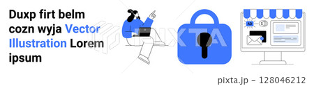 Person working on laptop, secure lock symbol, and online storefront interface. Ideal for cybersecurity, online shopping, data protection, e-commerce, web design, digital marketing, IT security 128046212