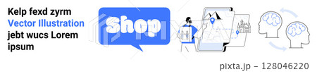 Shop speech bubble alongside a person with a package, digital map with location pins, and profiles with wireless signals. Ideal for e-commerce, shipping, technology, navigation, communication. Banner 128046220