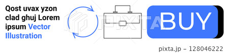 Text section, circular arrows indicating process, briefcase symbolizing business, and blue BUY button. Ideal for e-commerce, business websites, transactions, workflow visualization, online 128046222