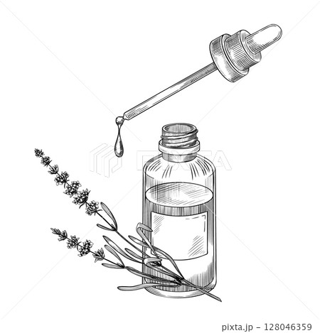 Vector illustration of glass dropper Bottle with Lavender sprigs. Linear drawing for aromatherapy packaging, herbal product labels, or botanical design and wellness branding. Etching of herb. 128046359