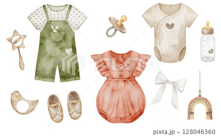 Watercolor illustration of neutral toned Baby Items including clothing, bottle, pacifier, shoes, and accessories. Drawing for childish design, nursery decor, or baby shower and newborn greeting cards. 128046360