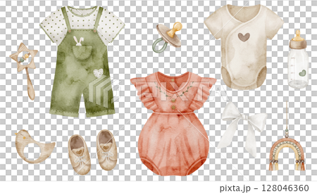 Watercolor illustration of neutral toned Baby Items including clothing, bottle, pacifier, shoes, and accessories. Drawing for childish design, nursery decor, or baby shower and newborn greeting cards. 128046360