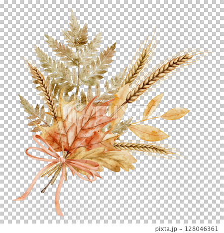 Watercolor illustration of Autumn Bouquet with oak Leaves, maple foliage, fern, dry herbs and wheat ears tied with red ribbon. Botanical drawing of Fall plants for invitations or greeting cards. Watercolor illustration of Autumn Bouquet with oak Leaves, maple foliage, fern, dry herbs and wheat ears tied with red ribbon. Botanical drawing of Fall plants for invitations or greeting cards. 128046361
