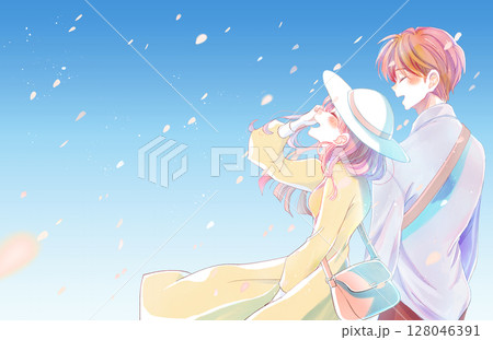 隣り合って幸せそうに笑う男女 外出 桜吹雪 隣り合って幸せそうに笑う男女 外出 桜吹雪 128046391