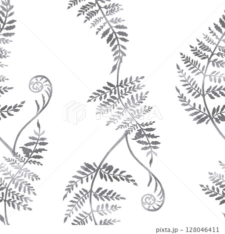Seamless pattern with fern lights. Pencil illustration on black background for packaging design, poster printing, fabric, interior design for Halloween. Seamless pattern with fern lights. Pencil illustration on black background for packaging design, poster printing, fabric, interior design for Halloween. 128046411