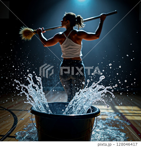 Gym cleaner woman in the spotlight. A woman stands in a gym under bright spotlights. 128046417