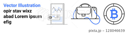 Graph on mobile, digital and physical wallet with strap, Bitcoin logo. Ideal for finance, investment, cryptocurrency, fintech, online transactions, savings, technology. Landing page 128046639