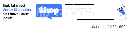 Shop bubble in blue next to placeholder text and a cartoon character using a pickaxe. Ideal for e-commerce, online shopping, web ads, business promotion, and website banners. Banner landing page Shop bubble in blue next to placeholder text and a cartoon character using a pickaxe. Ideal for e-commerce, online shopping, web ads, business promotion, and website banners. Banner landing page 128046694