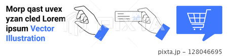Two hands, one holding a blank card and the other a shopping cart in a speech bubble. Ideal for e-commerce, online shopping, payment methods, communication, graphic design, marketing, user interface Two hands, one holding a blank card and the other a shopping cart in a speech bubble. Ideal for e-commerce, online shopping, payment methods, communication, graphic design, marketing, user interface 128046695