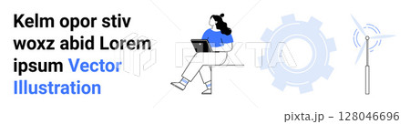 Woman with laptop, gear, wind turbine. Ideal for tech, energy, innovation, work from home, productivity, sustainable development engineering Landing page Woman with laptop, gear, wind turbine. Ideal for tech, energy, innovation, work from home, productivity, sustainable development engineering Landing page 128046696