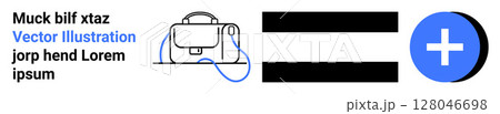 Stylish bag with adjustable strap, black horizontal bars, and a blue plus symbol. Ideal for e-commerce, web design, fashion blogs, branding, promotional materials, user interface design, landing page 128046698