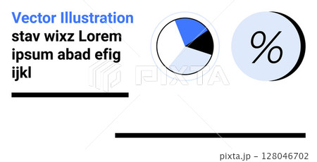 Blue, white pie chart and percentage symbol with placeholder text. Ideal for business analytics, financial reports, data presentation, educational material, infographics, marketing campaigns 128046702