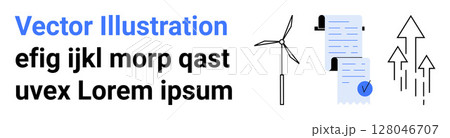 Wind turbine, documents with checkmark, upward arrows. Ideal for environmental campaigns, educational materials, reports, infographics, presentations, websites, renewable energy Landing page 128046707