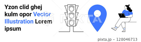 Traffic light with three signals, blue map pin, and woman sitting with laptop. Ideal for navigation, education, urban planning, technology, connectivity, online learning, information dissemination Traffic light with three signals, blue map pin, and woman sitting with laptop. Ideal for navigation, education, urban planning, technology, connectivity, online learning, information dissemination 128046713