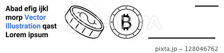 Bitcoin coin with B symbol, stack of coins, placeholder text and lines. Ideal for cryptocurrency, blockchain technology, digital payment, financial technology, online transactions, fintech, digital 128046762