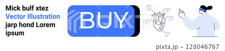 Buy button, anatomical heart diagram with labels, female doctor using pointer, blue and black text blocks. Ideal for healthcare, e-commerce, medical education, anatomy studies, online purchasing 128046767