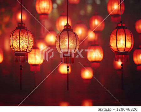 A group of red paper Chinese lanterns hangs and glows together on red background. AI Generated. 128046820