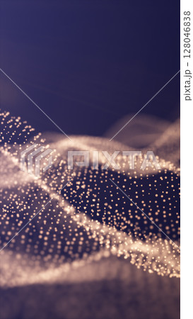 Abstract waves of golden dots forming flowing fields over a violet background, evoking data visualization and digital landscapes Abstract waves of golden dots forming flowing fields over a violet background, evoking data visualization and digital landscapes 128046838