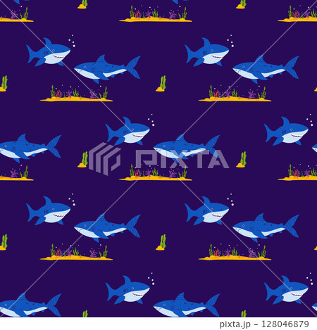 Underwater Seamless Pattern. Two Sharks wild animals with algae and sandy seabed on dark Blue Background. Vector Illustration Underwater Seamless Pattern. Two Sharks wild animals with algae and sandy seabed on dark Blue Background. Vector Illustration 128046879