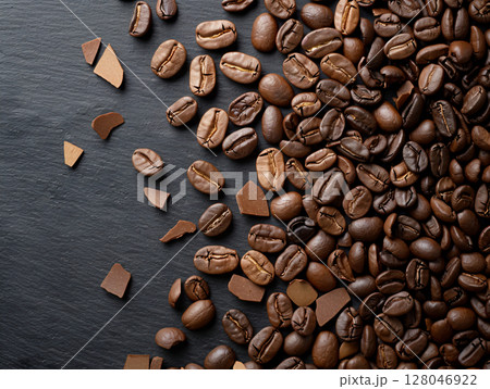Coffee beans on dark background with copy space. AI Generated. 128046922