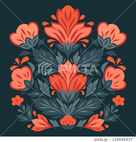 Vector decorative card with flower arrangement on dark background. Symmetrical stylized flowers in folk art style. Summer bloom 128046937
