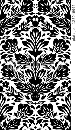 Vector monochrome decorative pattern with flower arrangement. Seamless texture with black print of stylized flowers in folk art style 128046942