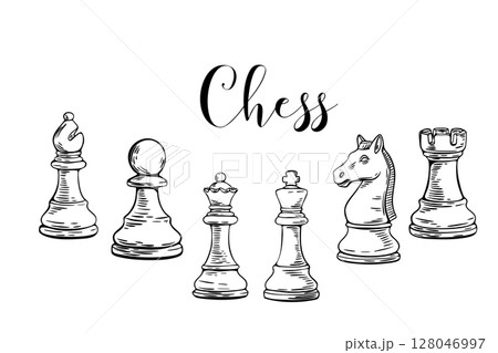 Chess sketch illustration with six classic game figures 128046997