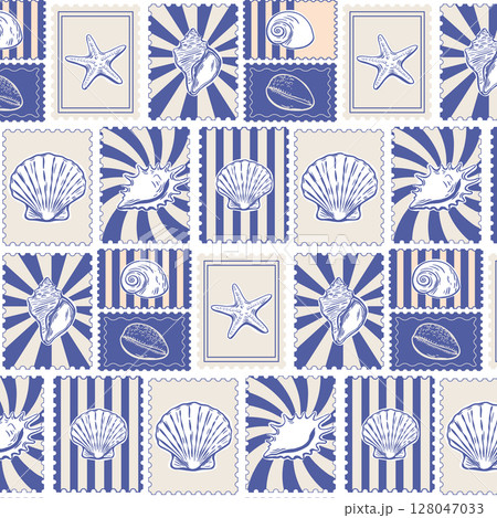 Seashell postage stamp grid pattern in vintage style 128047033