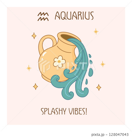 Aquarius zodiac poster with cartoon water jar pouring splash 128047043