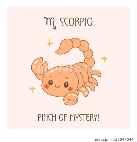 Scorpio zodiac poster with cute cartoon scorpion drawing 128047044