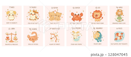 Set of cute zodiac signs with text and characters 128047045