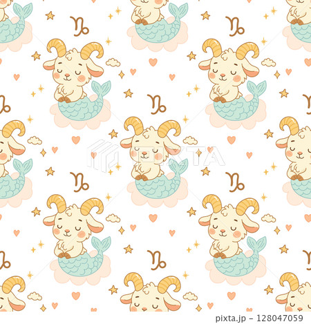 Capricorn seamless pattern with cute sea goat design 128047059