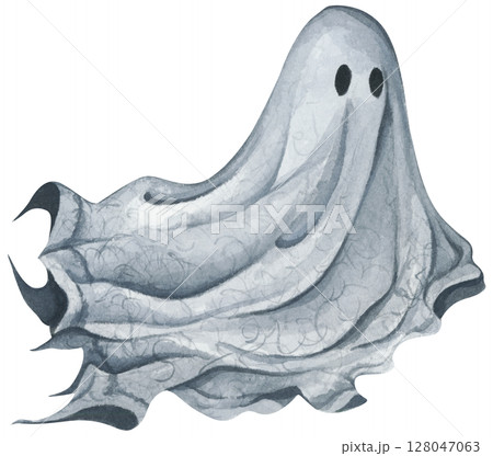 Ghost in Lace Cloth. Cute and Spooky Characters for Halloween Celebration. Watercolor illustration. Ghost in Lace Cloth. Cute and Spooky Characters for Halloween Celebration. Watercolor illustration. 128047063